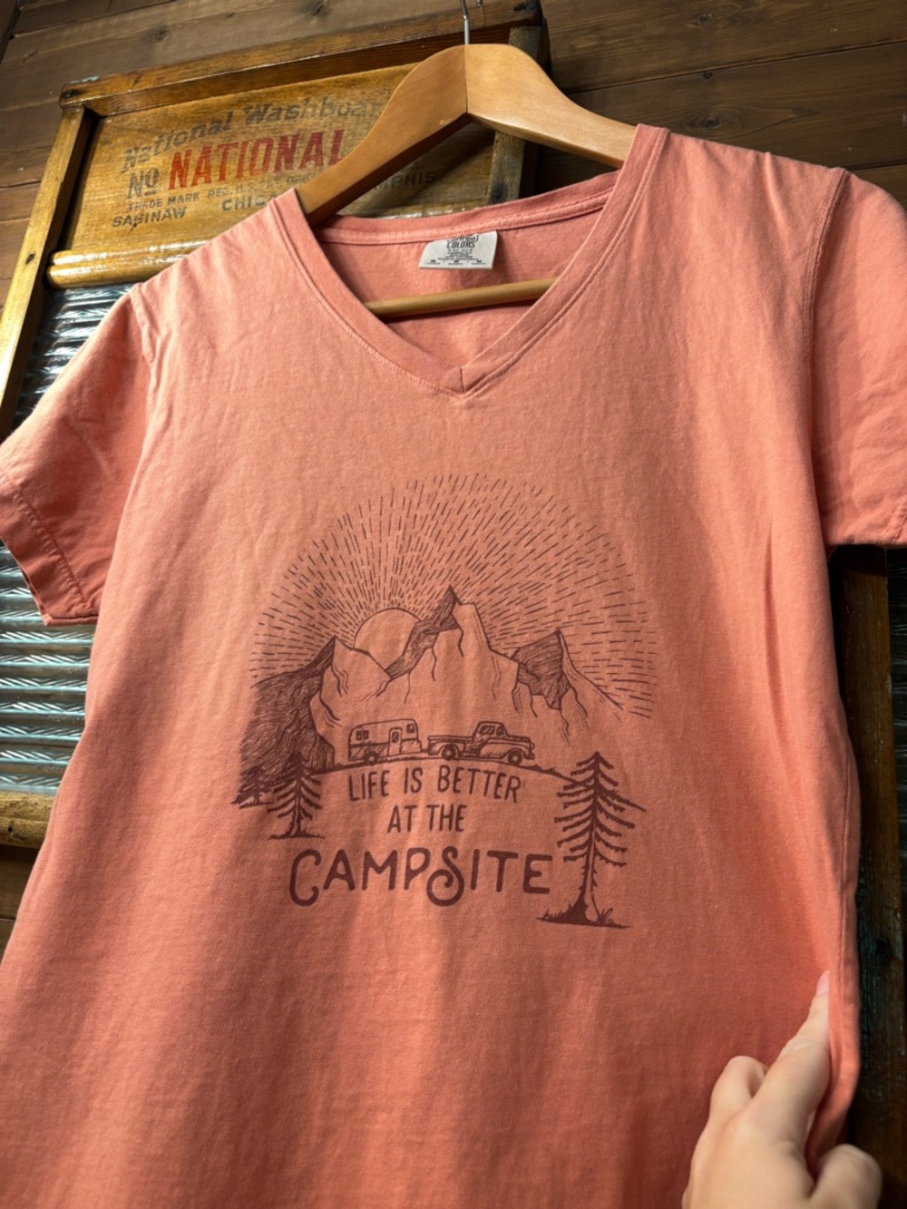 Comfort Colors Size M V Neck Short Sleeve Shirt, life is better at the campsite